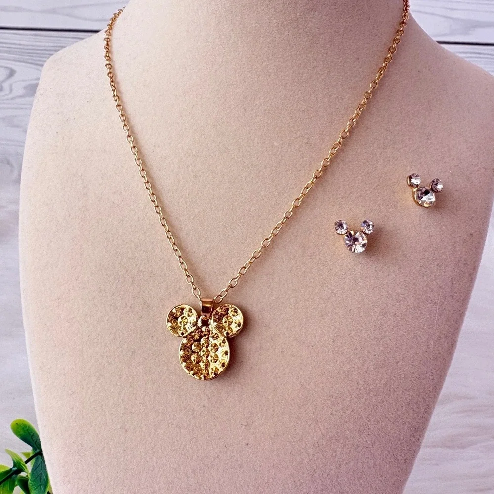 Mickey Mouse Rhinestone Necklace‎ and Earring Set Gold Tone Jewelry